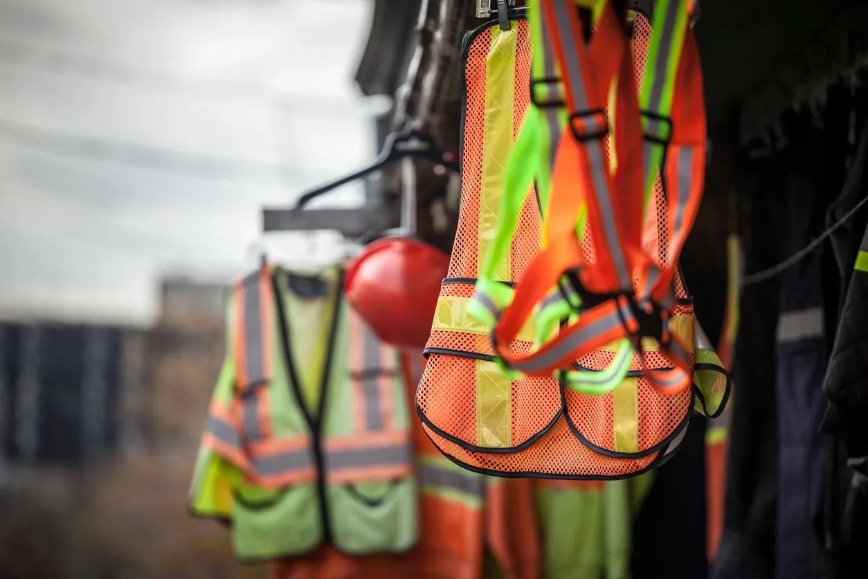 High-visibility vests and a hard hat hanging ready at the start of a field shift