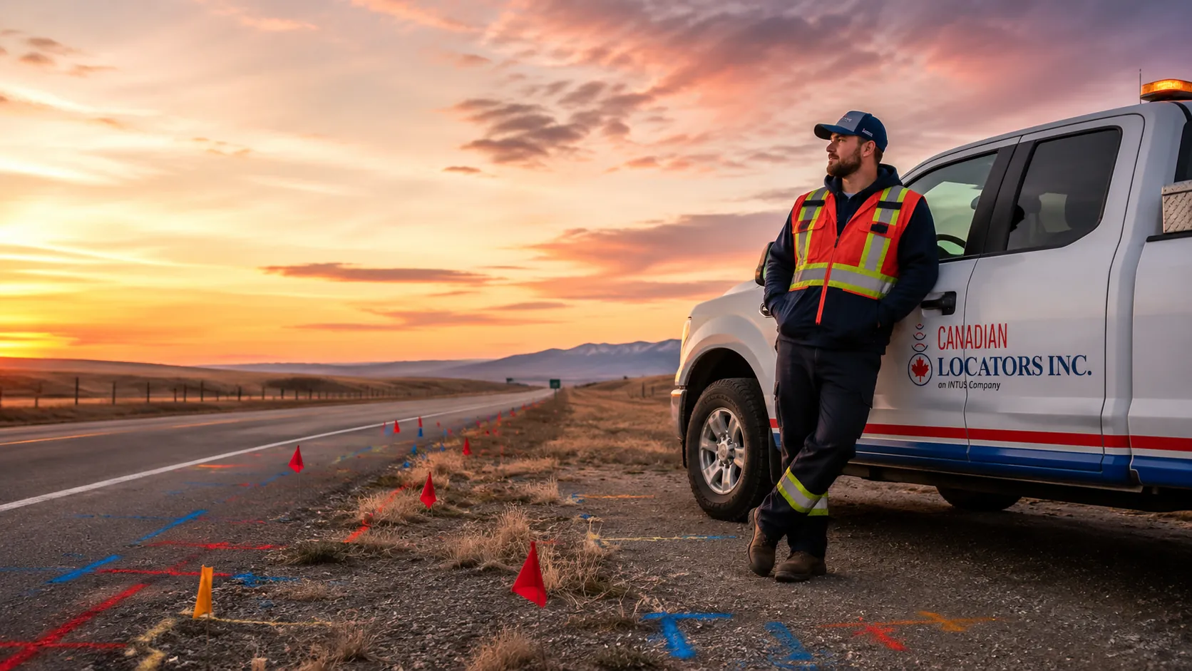 CLI field technician leaning on a service truck at sunset beside marked utilities