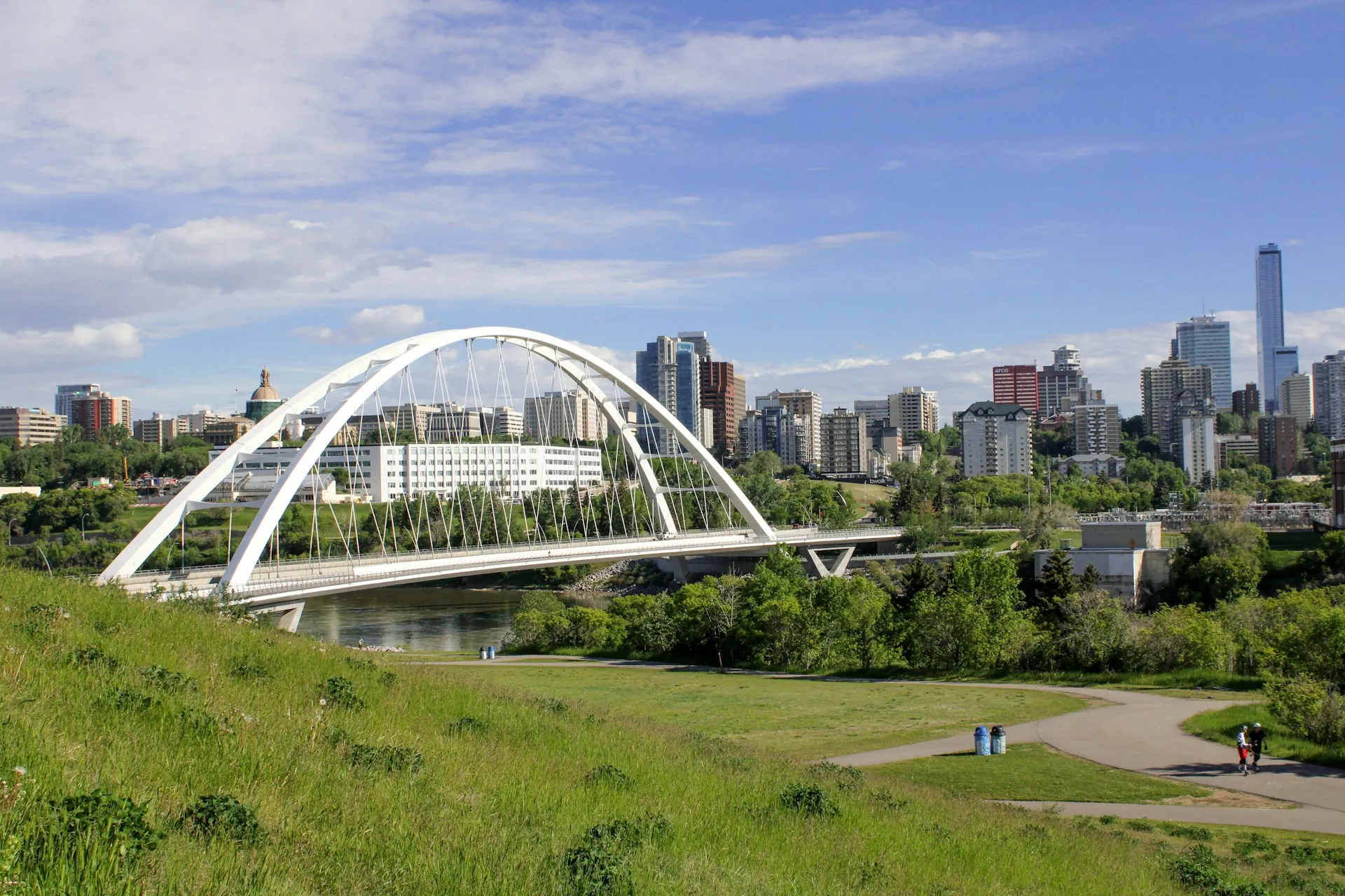 Downtown Edmonton skyline and the Walterdale Bridge from the river valley