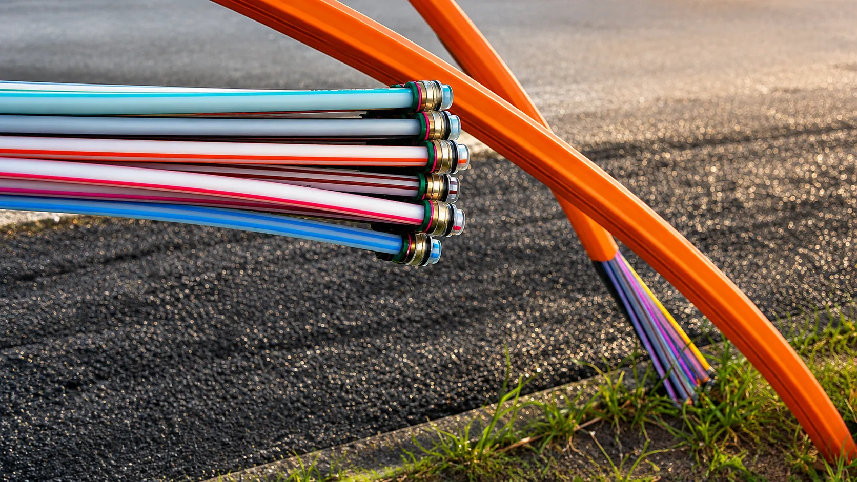 Fibre optic strands and orange conduit at the roadside