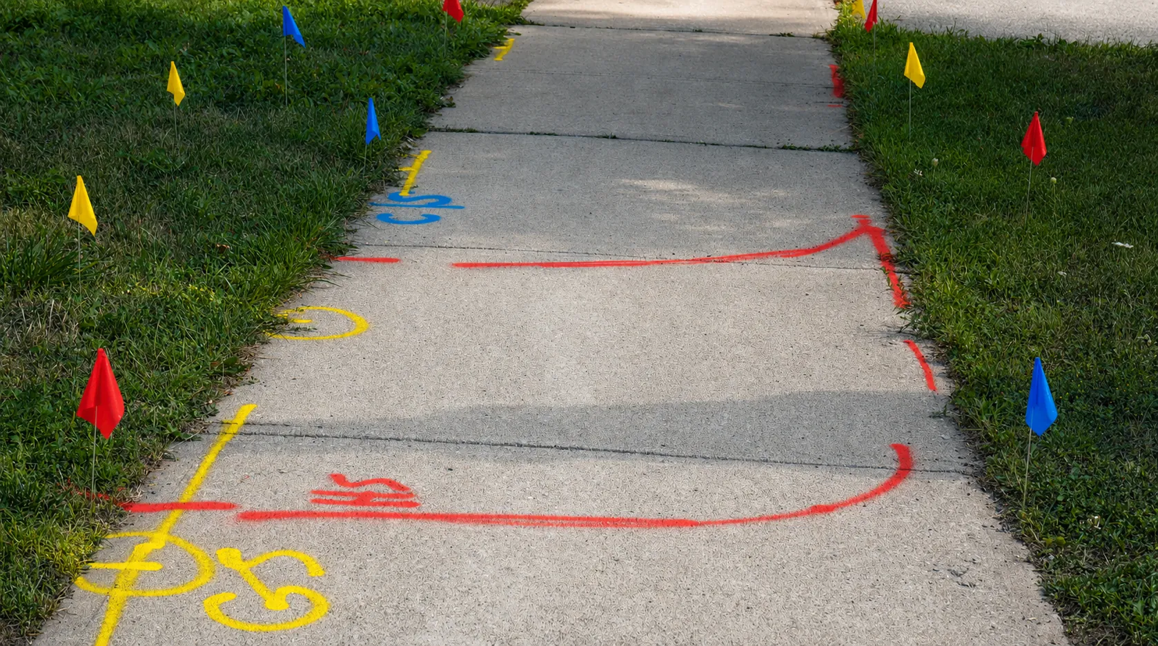 Utility locate marks and colour-coded flags along a residential sidewalk