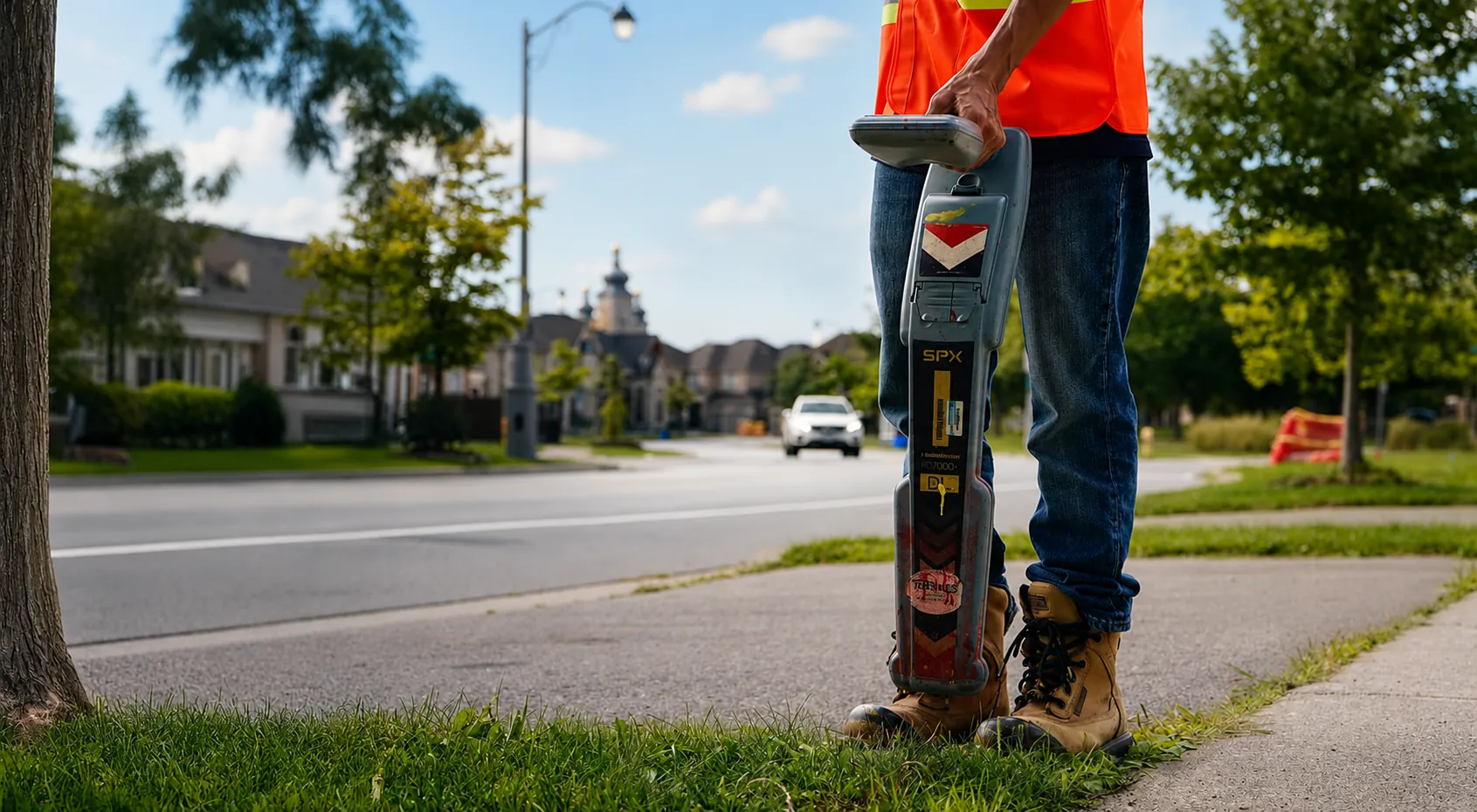 Utility locator identifying underground lines beside a sidewalk