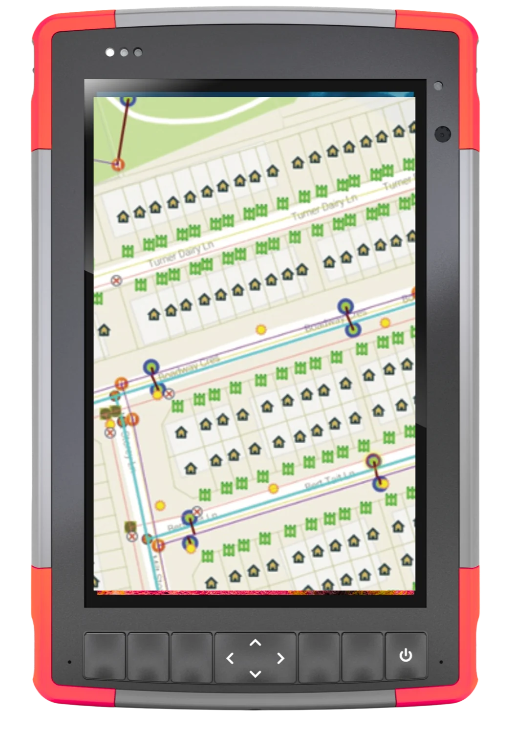 GlobeSurv rugged handheld device showing a utility map of a residential street network