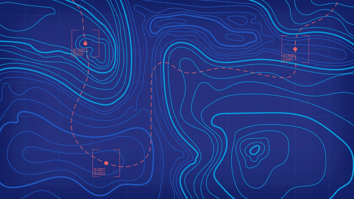 Topographic contour map with plotted survey points, coordinates, and a routed line