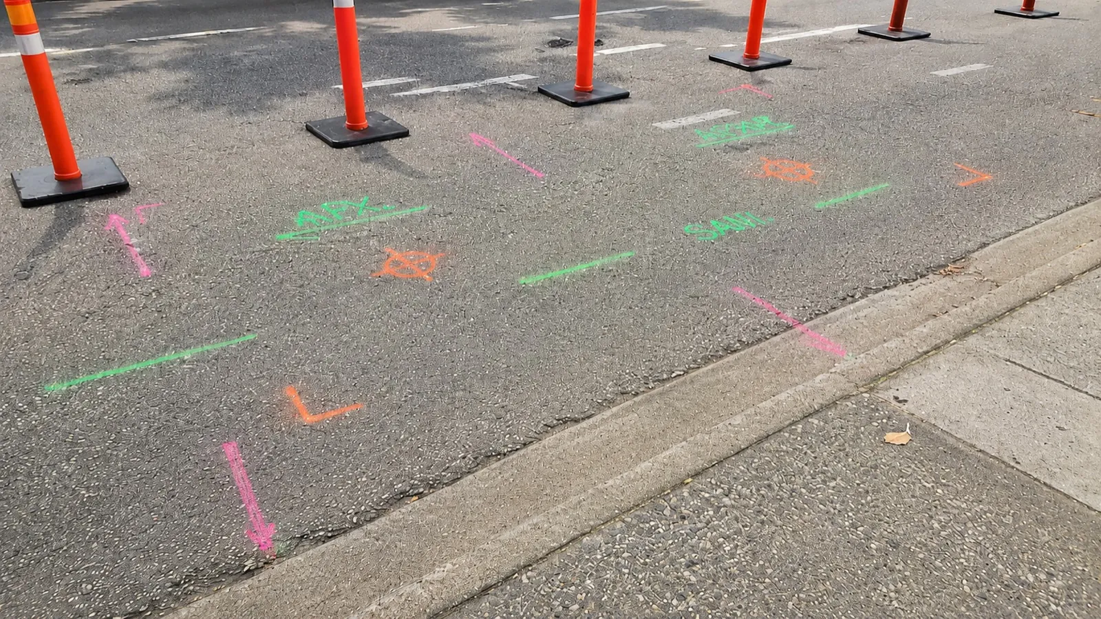 Utility locate marks in green, orange, and pink on a road beside traffic delineators